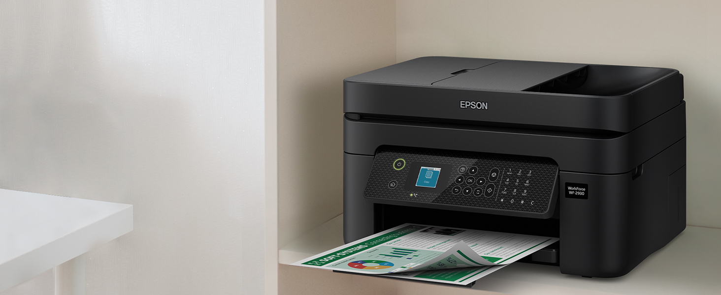 Black WorkForce WF-2930 printer sitting on bookshelf with prints in output tray.
