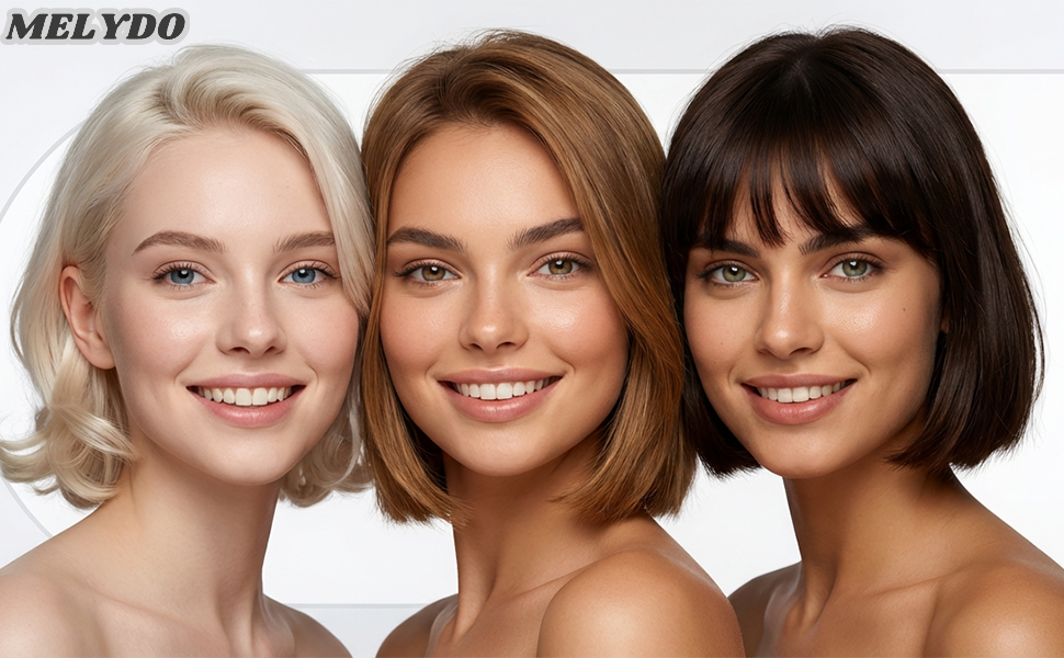Text reads 'MELTD8'. Row of beauty-focused portrait shots showing different hairstyles and facial expressions in neutral lighting.