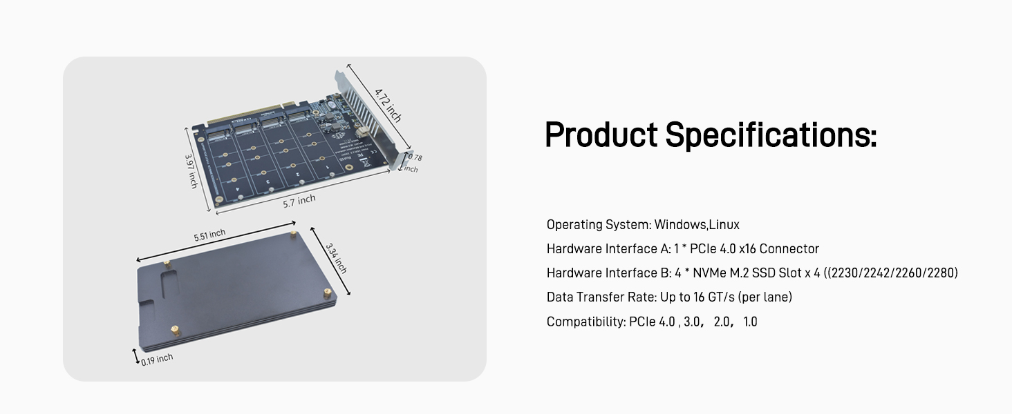 LetLinkSo Gen4 PCIe 4.0 x16 M.2 Expansion Adapter Card 4 Ports NVMe SSDs M Key with Heat Sink