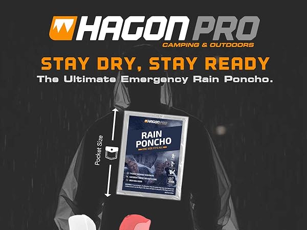 Emergency rain poncho packaging shown on a person in the rain with pocket-size comparison