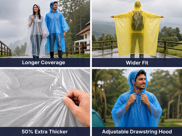 longer coverage roomy tear-resistant drawstring hood rain ponchos