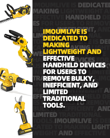Four yellow handheld power tools shown beside text describing Imoumlive's dedication to creating lightweight, effective handheld devices to replace bulky traditional tools.