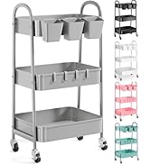 3 Tier Gray Metal Mesh Rolling Cart, Storage Cart with Handle and Lockable Wheels, Three Tier Uti...