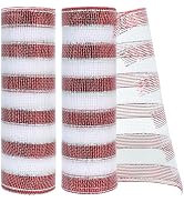 TONIFUL 2 Roll 10 Inch Red and White Striped Decorative Mesh Ribbon Rolls for Indoor Decor Christ...