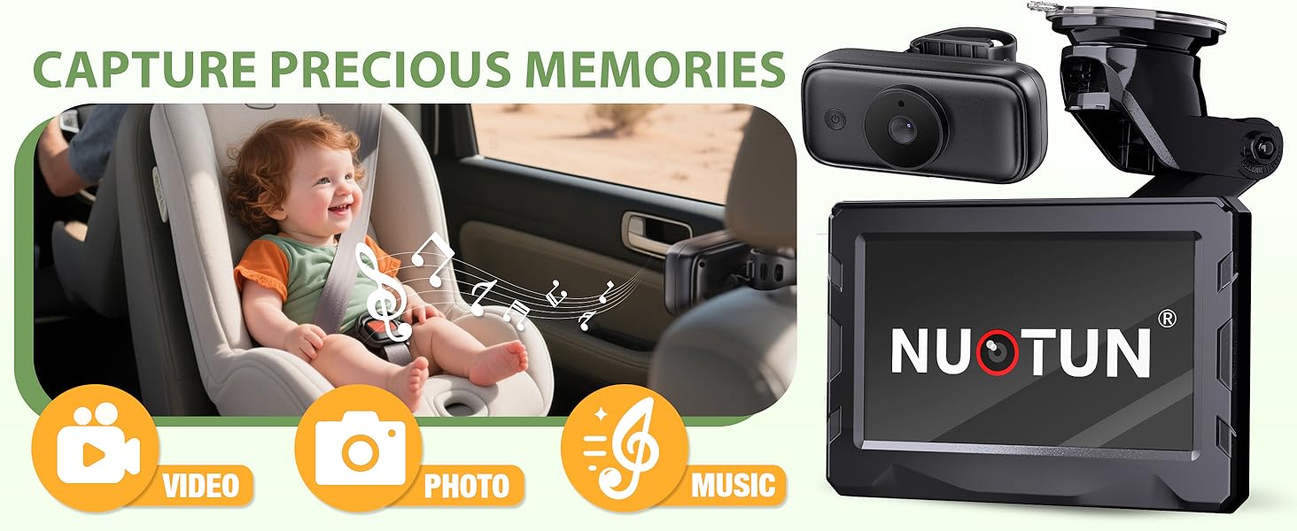 Text reads 'CAPTURE PRECIOUS MEMORIES' and 'NUOTUN'. Product demonstration sequence showing a camera or recording device with interface icons and usage examples.