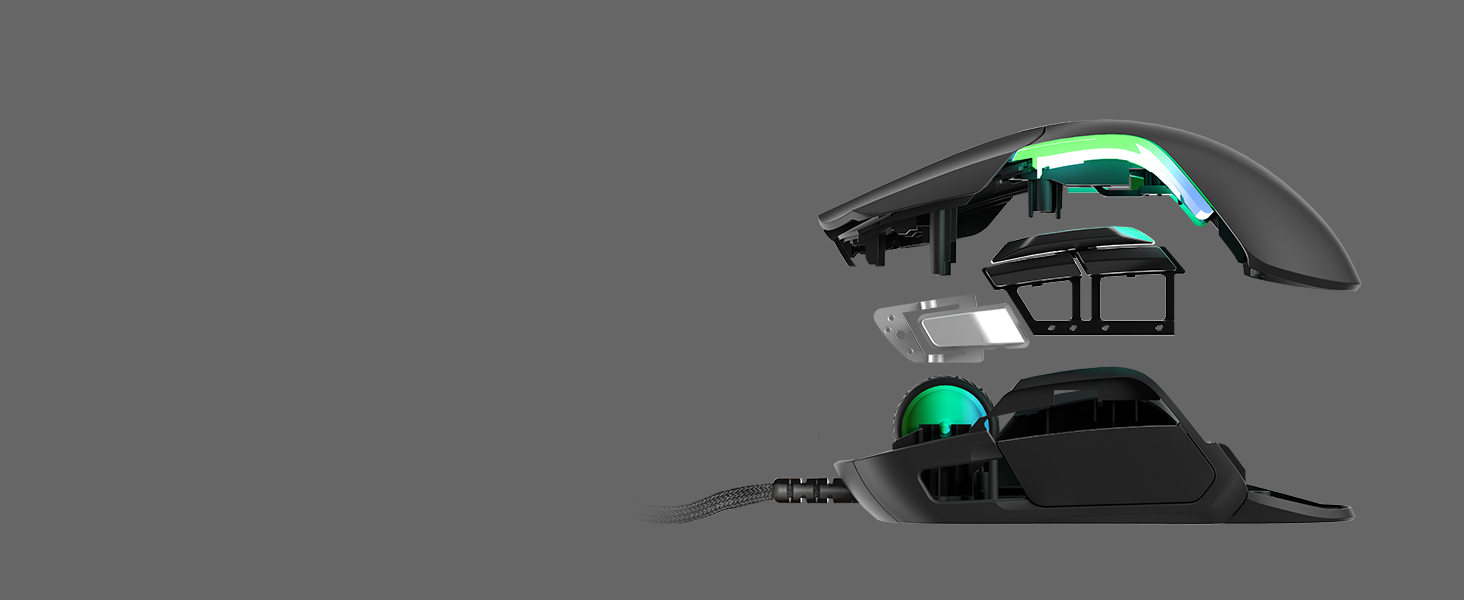 -SteelSeries Rival 5 mouse side shot of top cover floating above the mouse to show interior parts