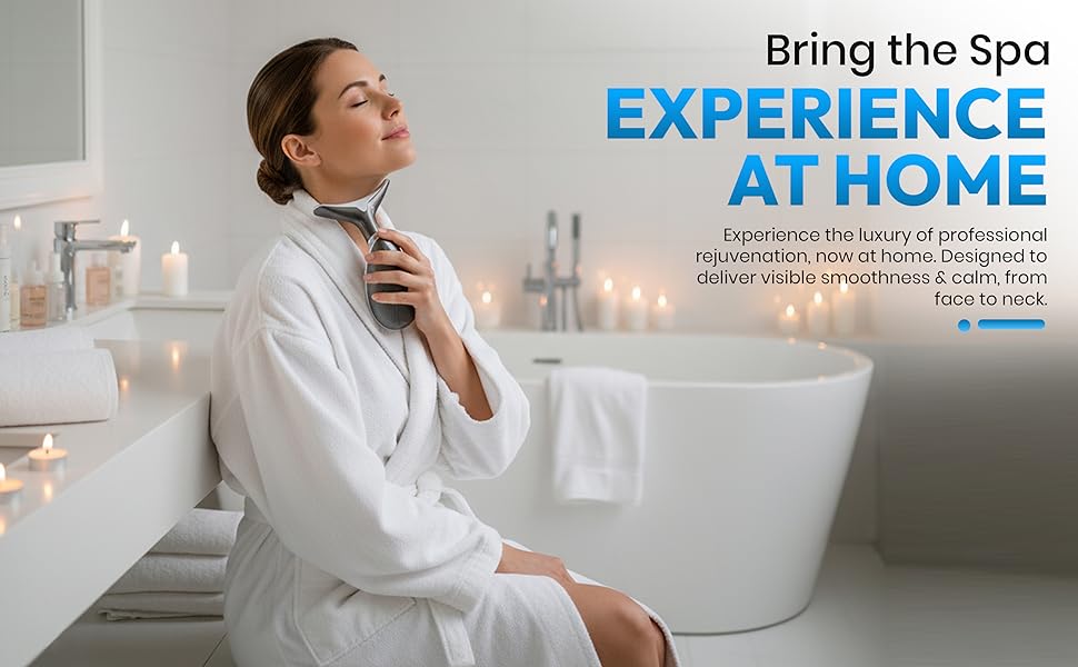 Woman using LED face and neck massager for relaxing at home spa care