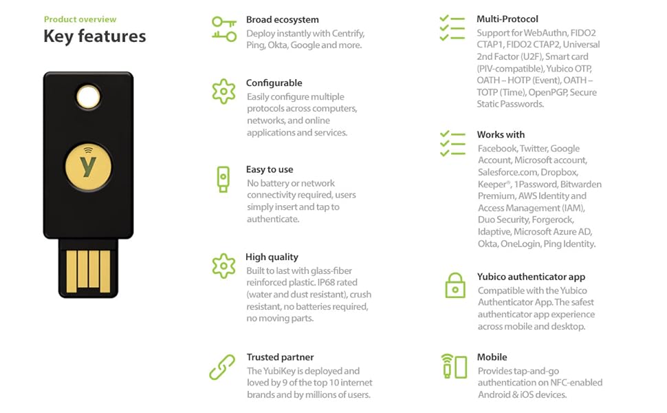 A list of key features including wireless support, durability, and more