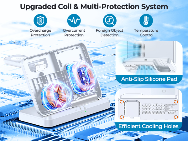 Text reads 'Upgraded Coil &amp; Multi-Protection System'. Technical diagrams showing cooling system components with labeled features including 'Anti-Slip Silicone Pad' and 'Efficient Cooling Holes'.