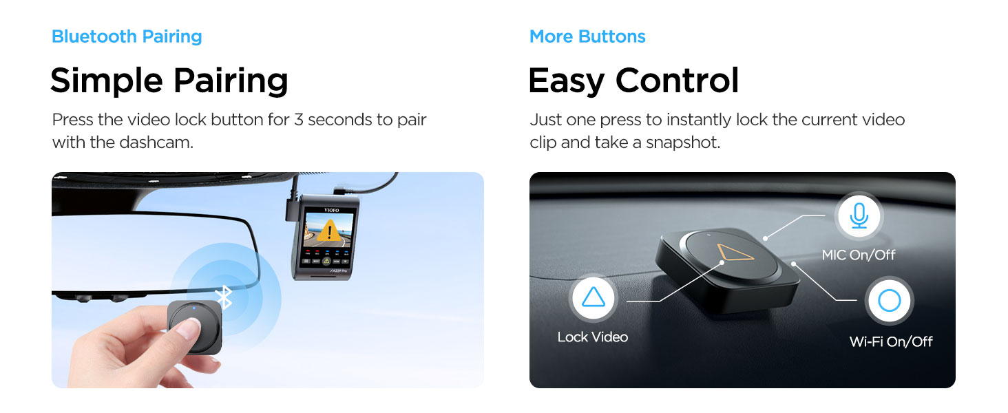 Simple Bluetooth pairing: press video lock button for 3 seconds to connect dashcam.