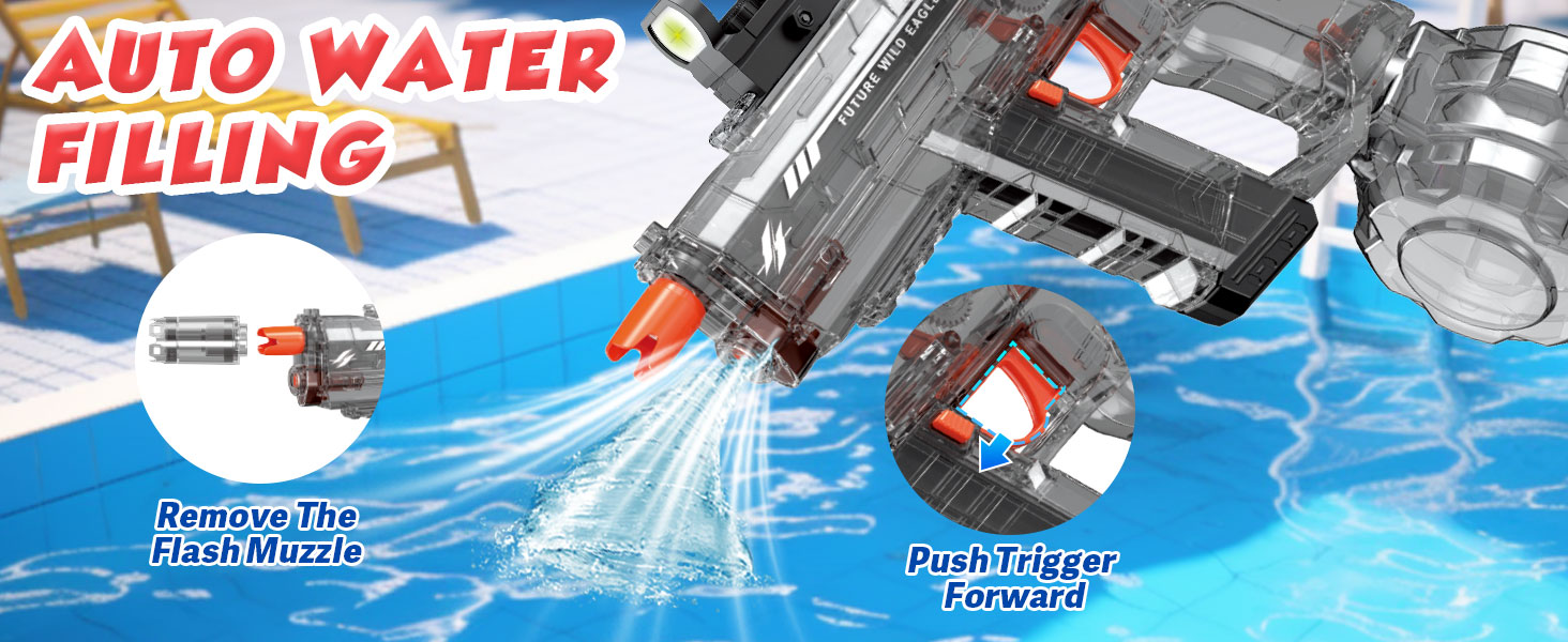 Electric water gun with one-button automatic suction and self-priming for rapid water refill.