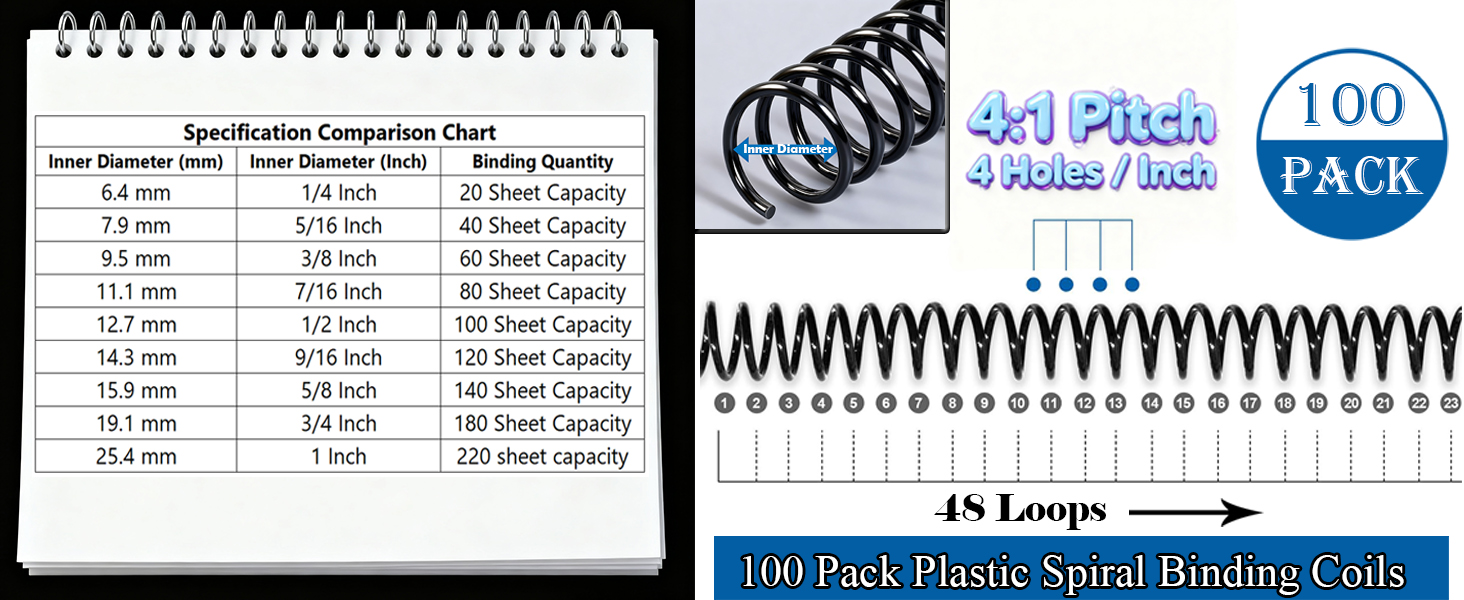 100 Pack Plastic Spiral Coils
