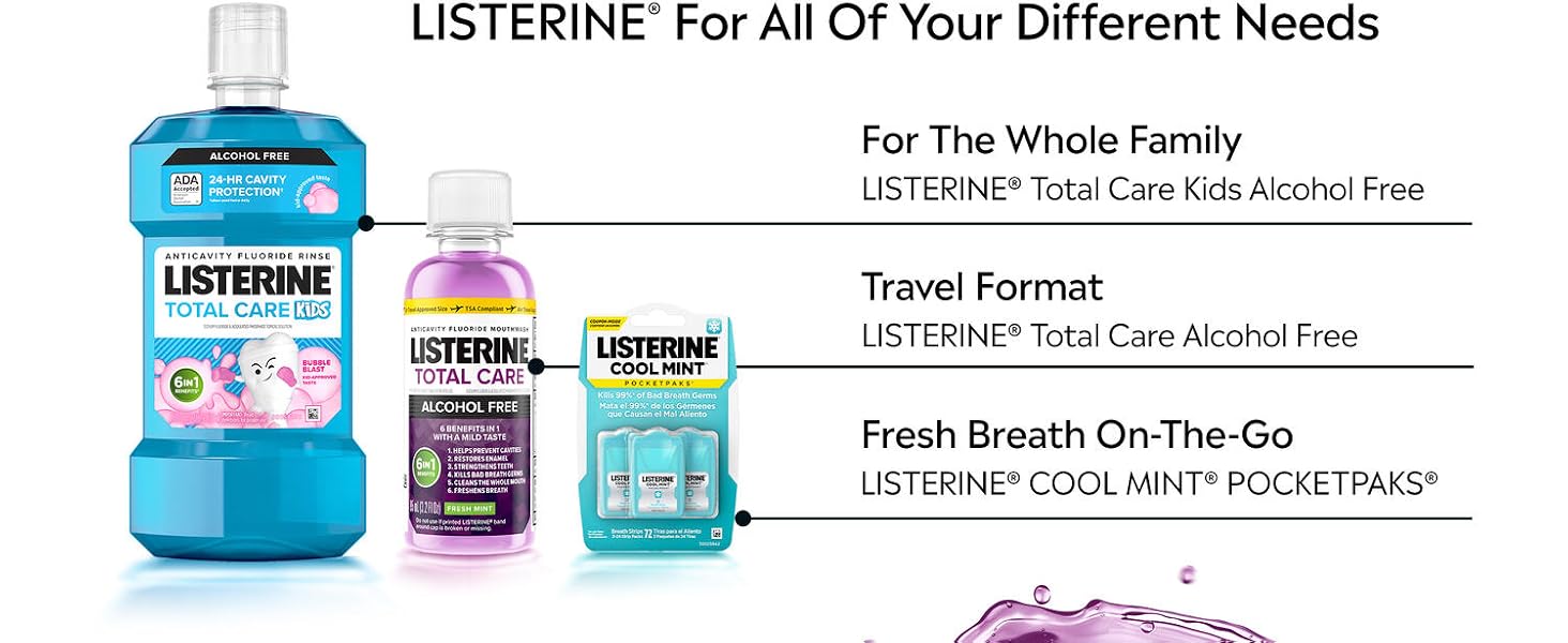 listerine products listed: kids alcohol free, travel format, pocketpak format
