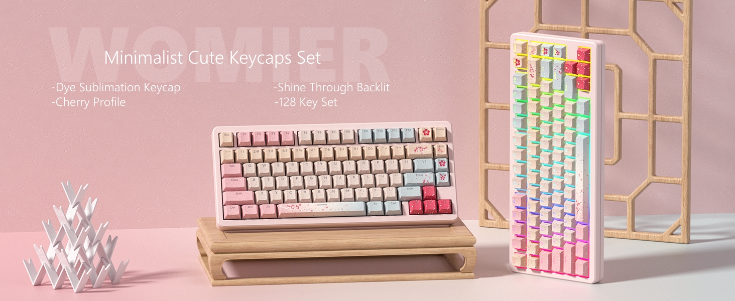Pink Keycaps 60 65 75 100 Percent, Cute Japanese Keycaps with Shine Through