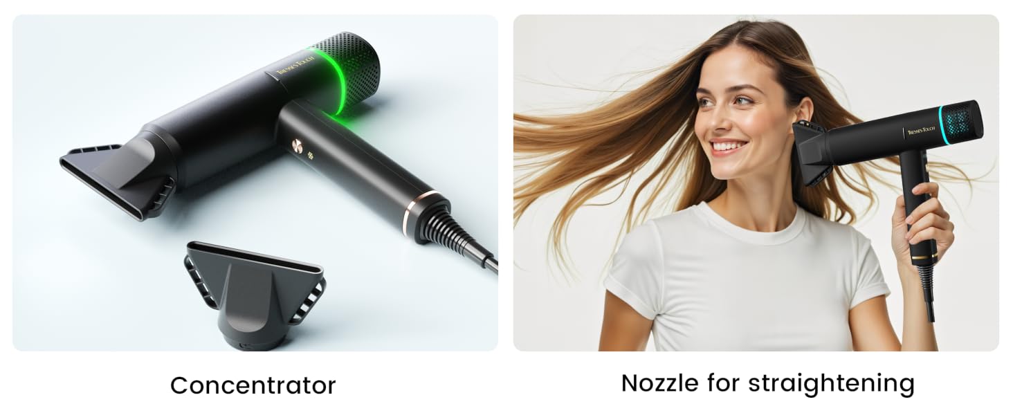 Text reads 'Concentrator' and 'Nozzle for straightening'. Multiple views of hair dryer attachments and styling demonstrations.
