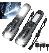 Flashlight High Lumens Rechargeable 2 Packs, 1,500,000L Tactical LED Adjustable Flashlights High ...