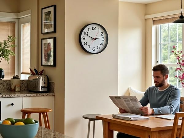 man in kitchen with clock