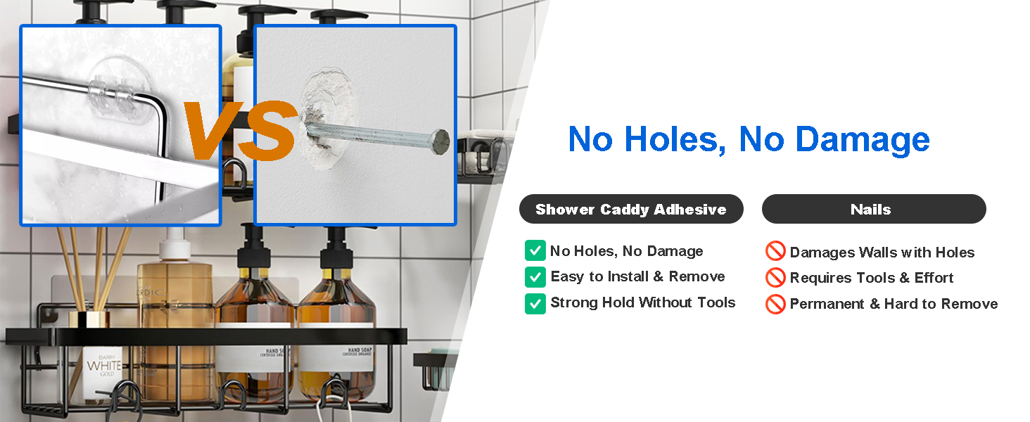 Adhesive shower caddy vs nails — no holes, no damage, tool-free installation