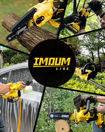 Collage of yellow power tools in action, including chainsaw cutting wood, trimmer clearing foliage, and pressure washer spraying. Central logo reads 'IMDUM LIVE'.