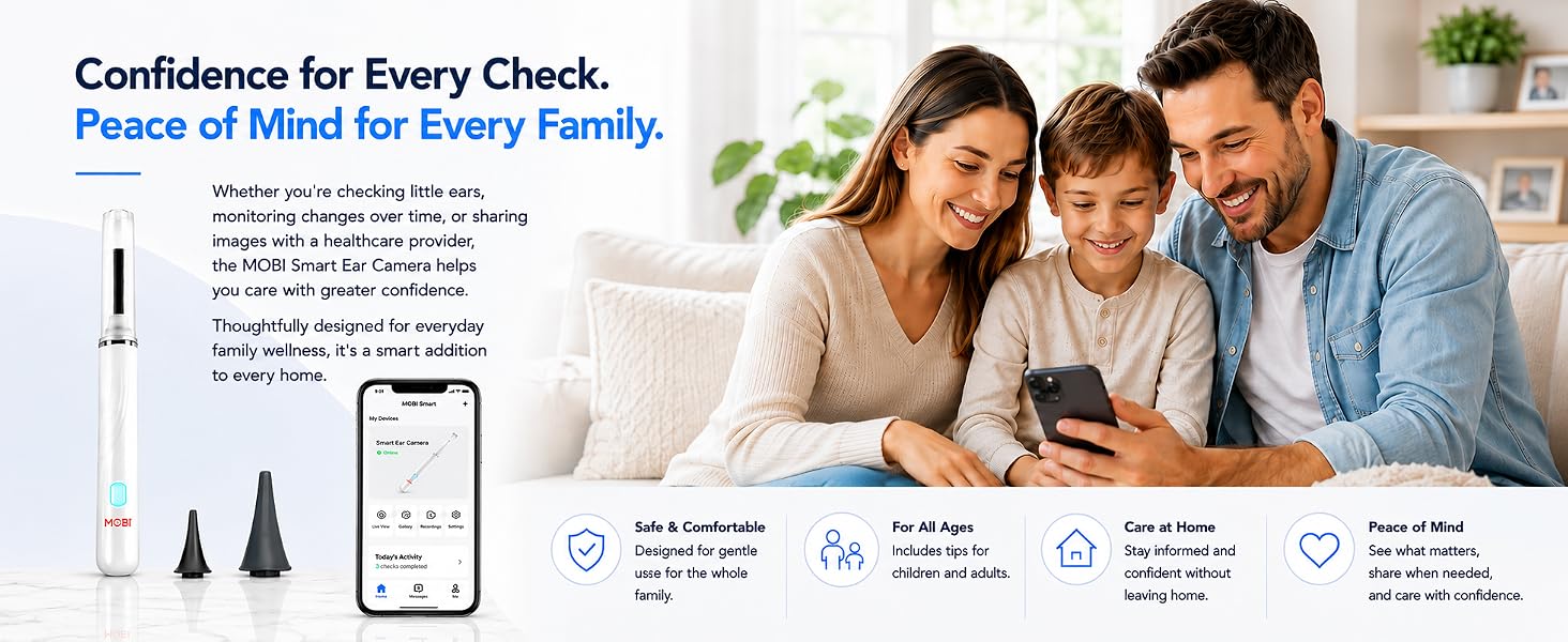 MOBI Ear Camera with a family reviewing images on the smartphone app for everyday home wellness.