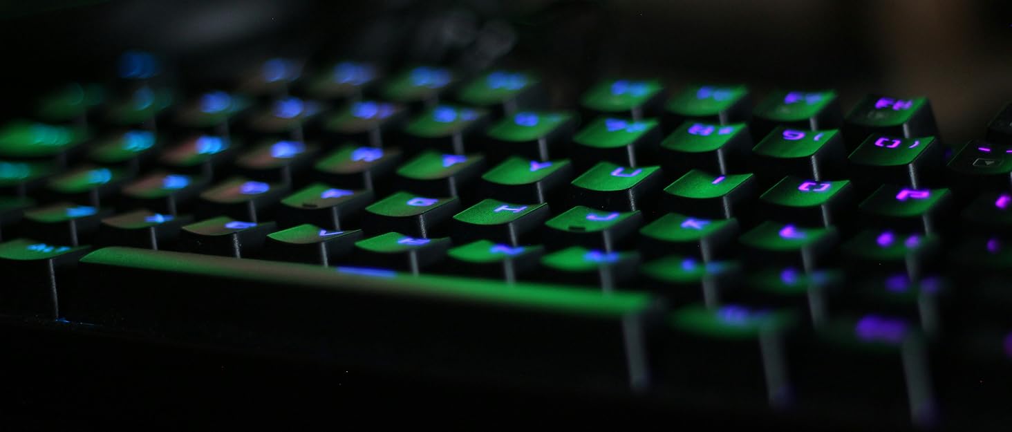 Close-up of mechanical keyboard keys illuminated with green backlighting and purple accent keys.