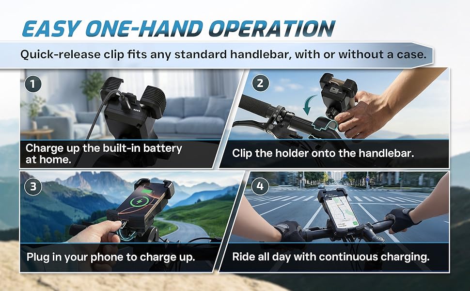 Quick-release clip fits any standard handlebar, with/without a case. Ride all day &amp;amp; stay charged.