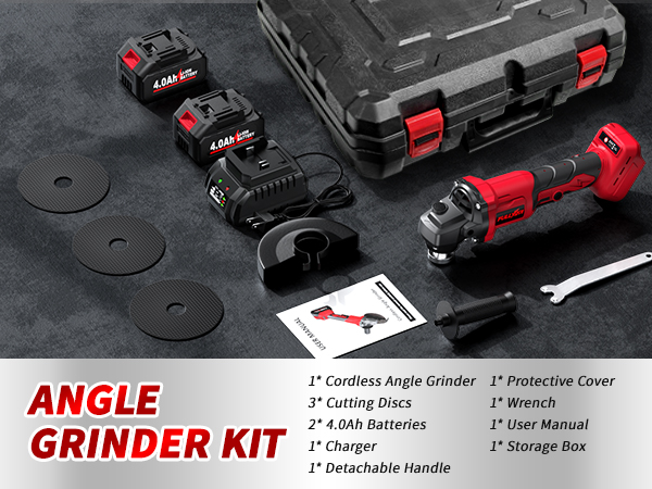 Power Angle Grinders with 2 * 4.0Ah Batteries and 3 Cutting Wheels