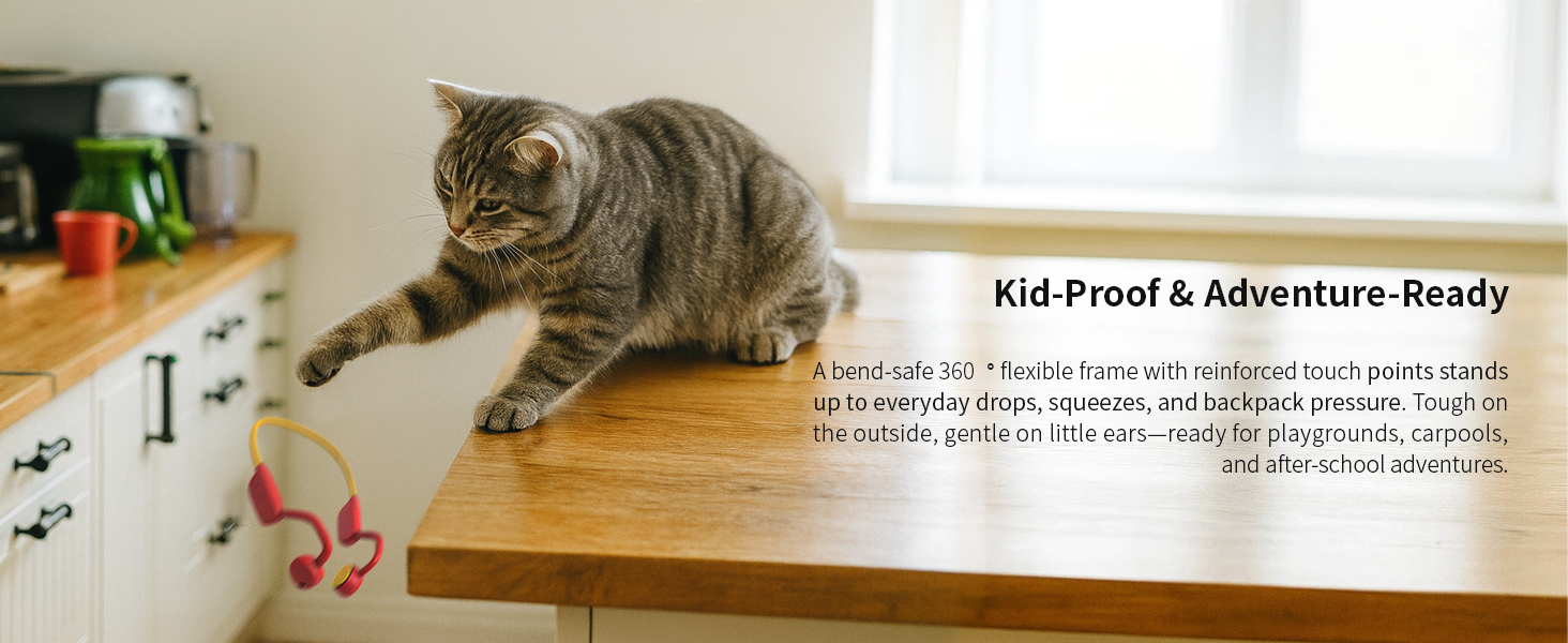 360° bendable neckband stands up to drops, squeezes, and backpack pressure—kid-proof.