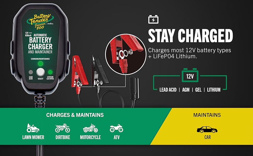 Battery Tender 12V Battery Charger Maintainer Trickle Charger Lithium Selectable Automatic