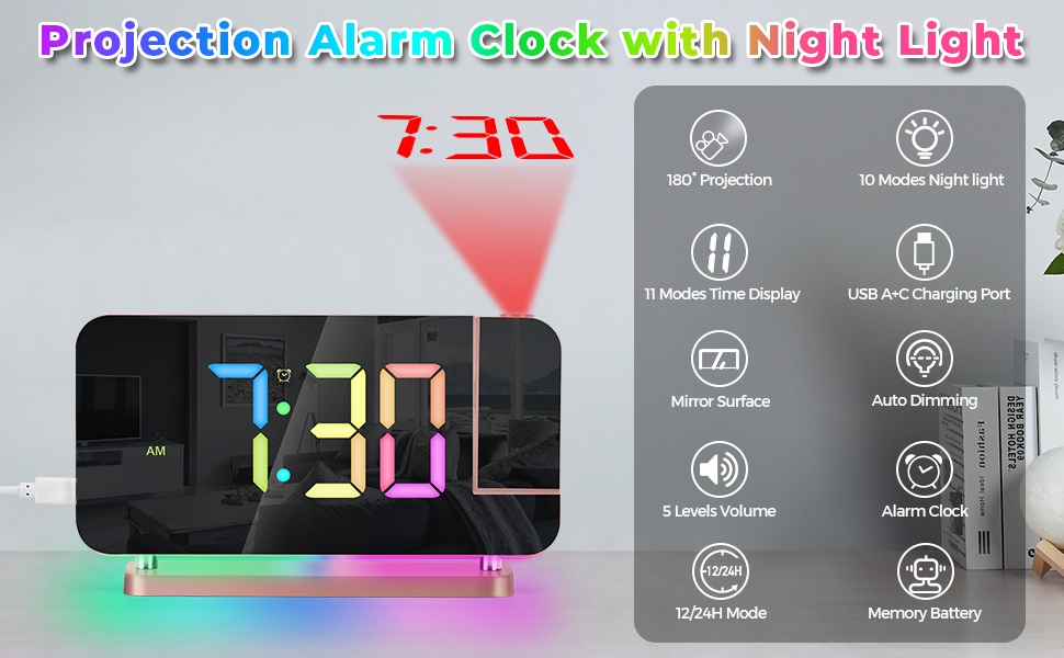 RGB Projection Digital Alarm Clock rose gold