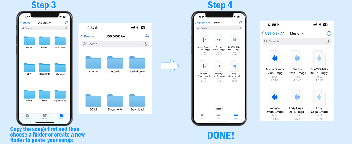 The OTG cable transfers songs from the phone to the mini music player