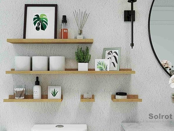 Oak shelves in bathroom
