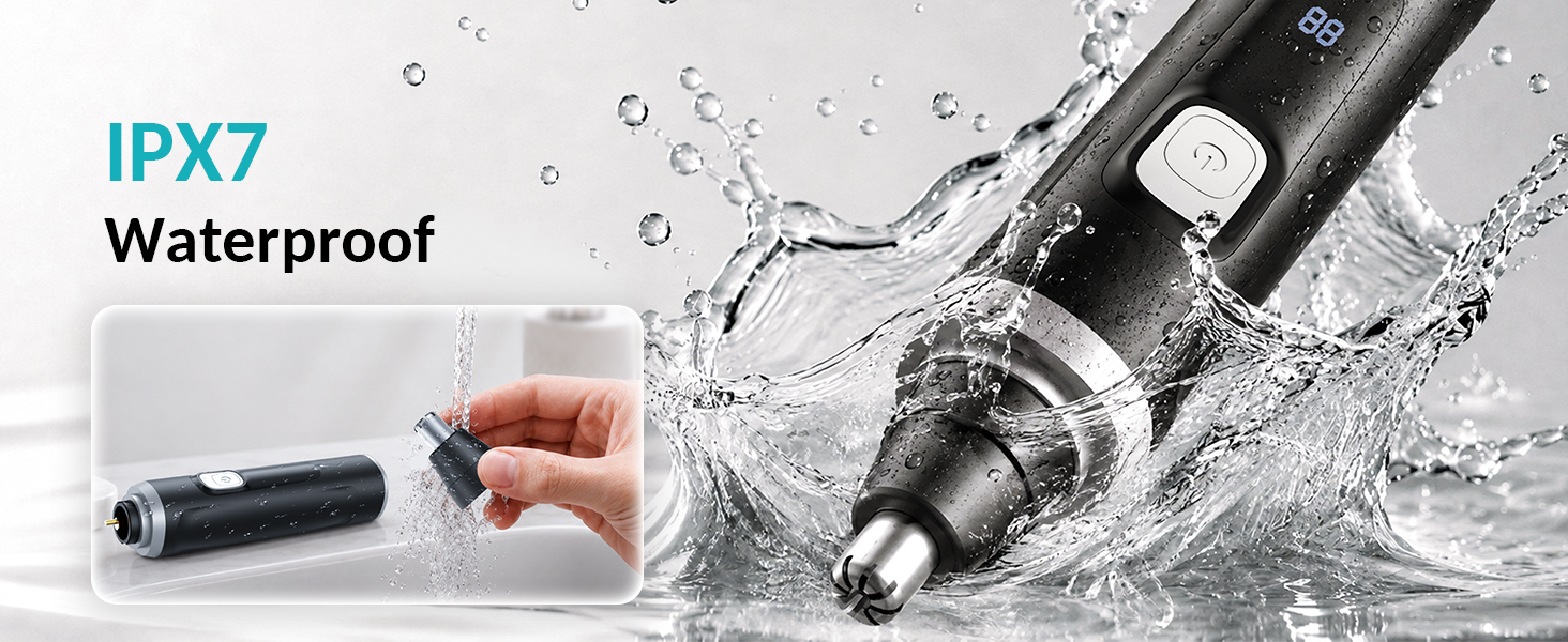 Text reads 'IPX7 Waterproof'. Close-up of black cylindrical device with water splash effect demonstrating waterproof capability. Includes small component details.