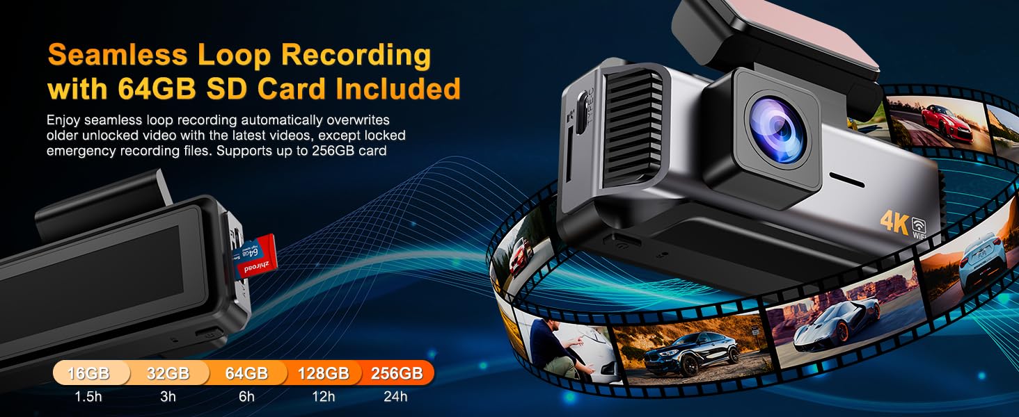 Text reads 'Seamless Loop Recording with 64GB SD Card included'. Electronic device with display screen shown against black background with blue accent lighting.