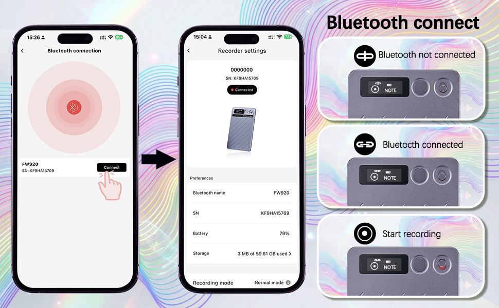 Bluetooth connect ai recorder, via app to connect, voice transcription,mini recorder