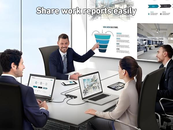 Business presentation scenario showing funnel diagram on display. Multiple laptops and devices connected for collaborative work sharing.