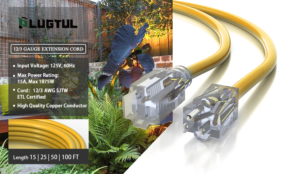12/3 extension cord outdoor extension cord 25/50/100ft waterproof