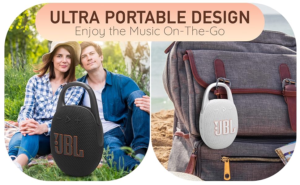 Couple with JBL Clip 5 in black on backpack, showing ultra-portable design outdoors.