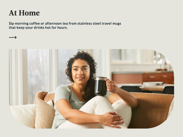 woman couch mug travel clean nice home living sup coffee tea stainless steel hot comfy black silver