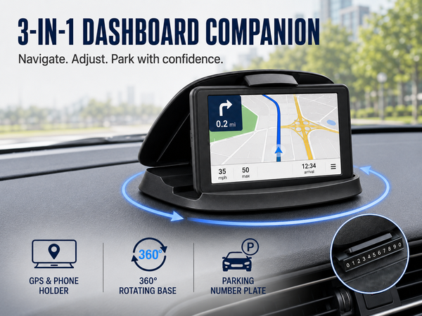 3-in-1 dashboard phone holder, GPS navigation mount, 360° car stand and parking number plate