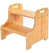 Bamboo 2 Step Stool with Non-Slip Step Treads and 2 Cutout Handles