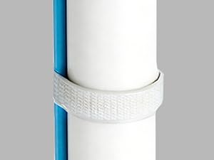 Close-up product shots showing white cylindrical component with blue metal pole attachment system from multiple angles.