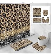 Litabel 4 Pcs Black Leopard Print Shower Curtain Set with Non-Slip Rugs, Toilet Lid Cover and Bat...