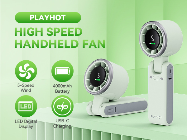 Green handheld fan rechargeable LED digital display 4000mAh personal fan mini fan USB C charging
