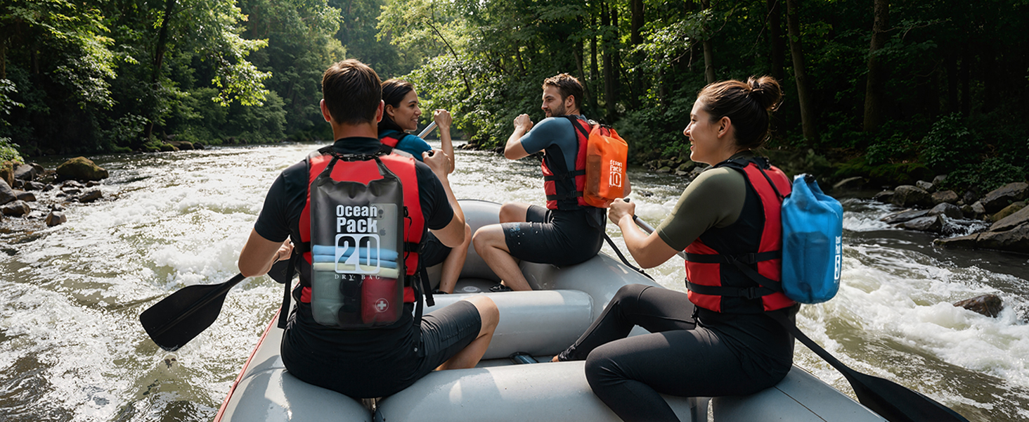 Waterproof dry bag (multiple sizes) for group rafting trips in river rapids