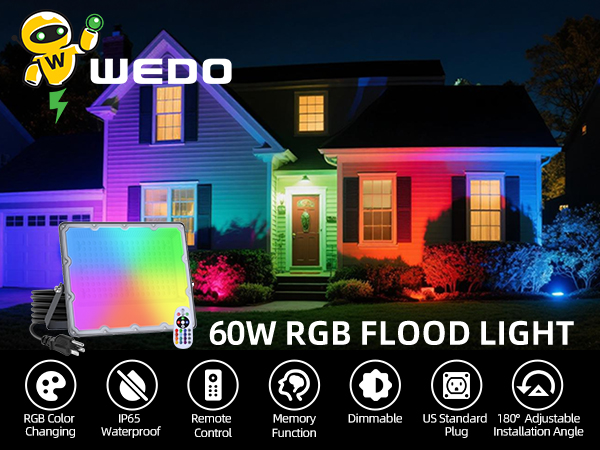 60W RGB flood light with remote control, color-changing outdoor house lighting