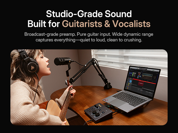 Guitarist vocalist recording guitar vocal tracks with Maono P2 audio interface