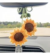 Crochet Sunflower Rear View Mirror Accessories, (Glue Free) Handmade Flowers Car Hanging Ornament...