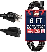 Lone Star 8 Ft Outdoor Extension Cord, 16/3 Black Extension Cord 3 Prong Grounded Plug for Outdoo...