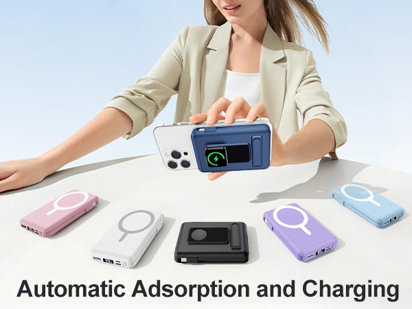 Text reads 'Automatic Adsorption and Charging'. Display of wireless charging devices in various colors including pink, blue, black, and purple arranged on white surface.